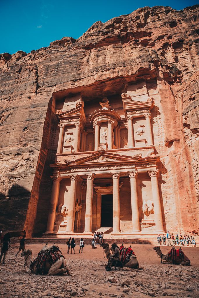 Iconic rock-cut architecture of the Treasury in Petra, Jordan. UNESCO World Heritage Site.