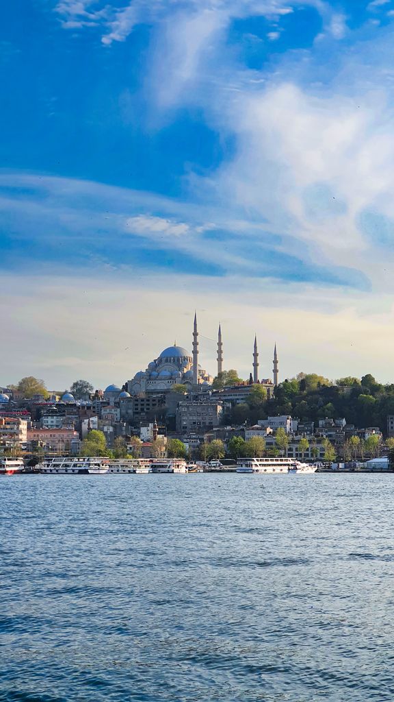 Scenic view of Istanbul skyline featuring a historic mosque and Bosporus with a vibrant blue sky.